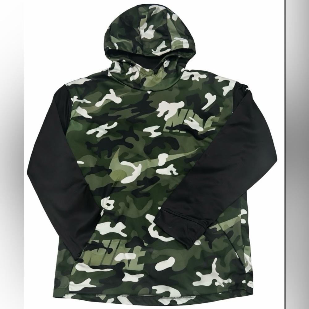 Nike Dri-Fit Camo Hoodie Youth XL Green Blk Kangaroo Pocket Athletic Sweatshirt